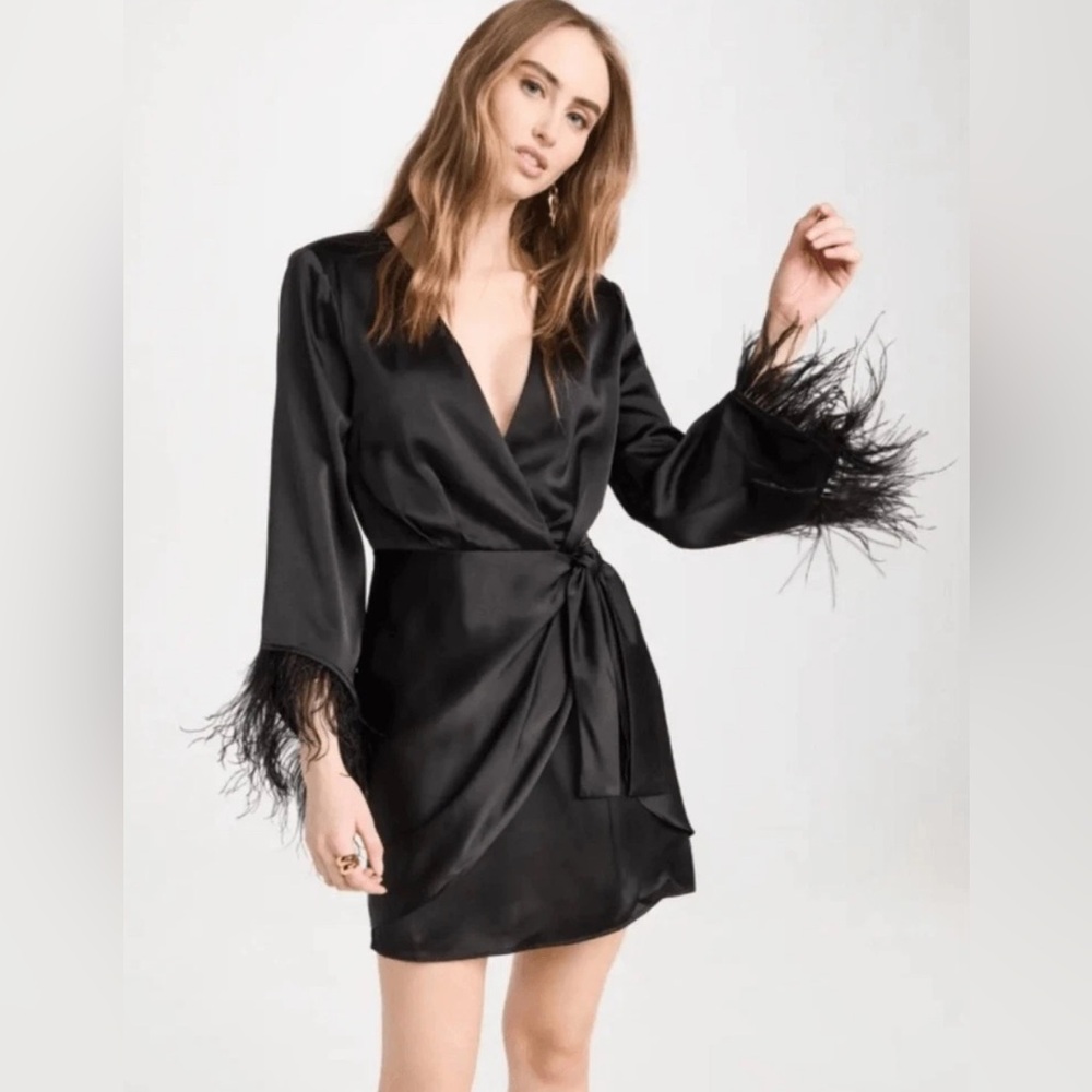 WAYF Dress Black Feather Trim Wrap Mini Long Sleeve Party Women’s M NWT